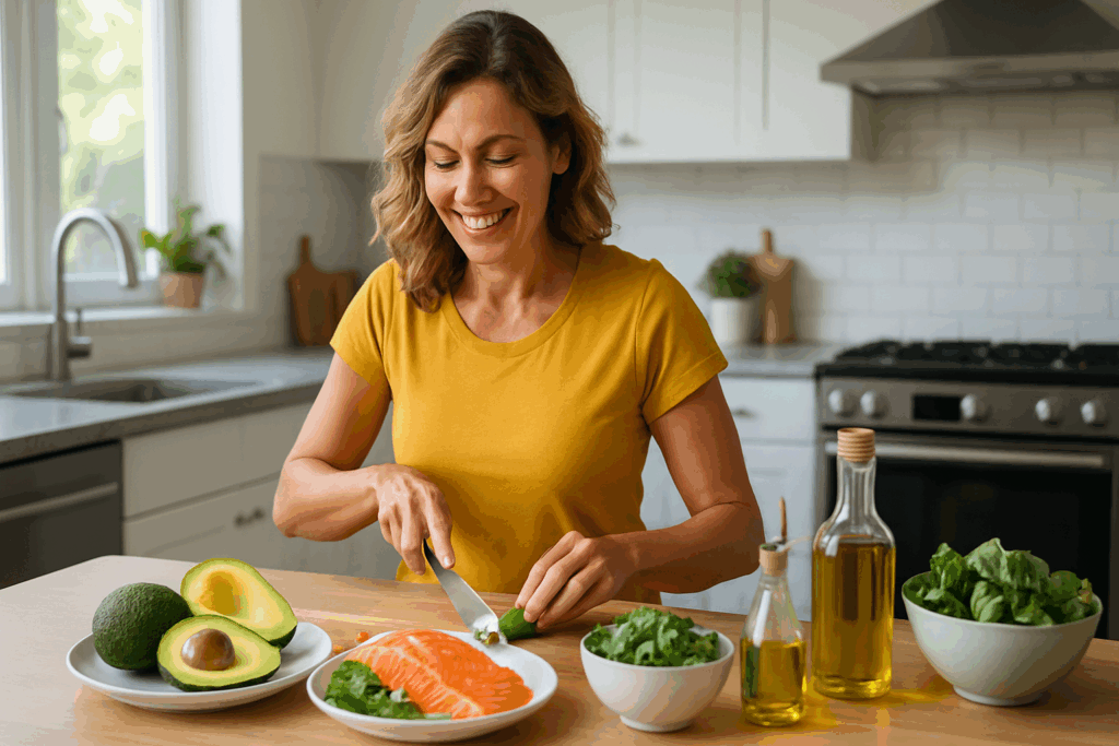 Cheerful adult preparing a colorful keto-friendly meal with avocado, salmon, olive oil, and leafy greens, highlighting the best fats for keto.