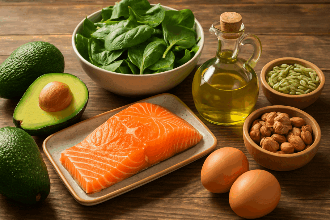 Fresh assortment of high fat low carb foods including avocado, salmon, olive oil, leafy greens, nuts, seeds, and eggs on a rustic wooden table under natural light.