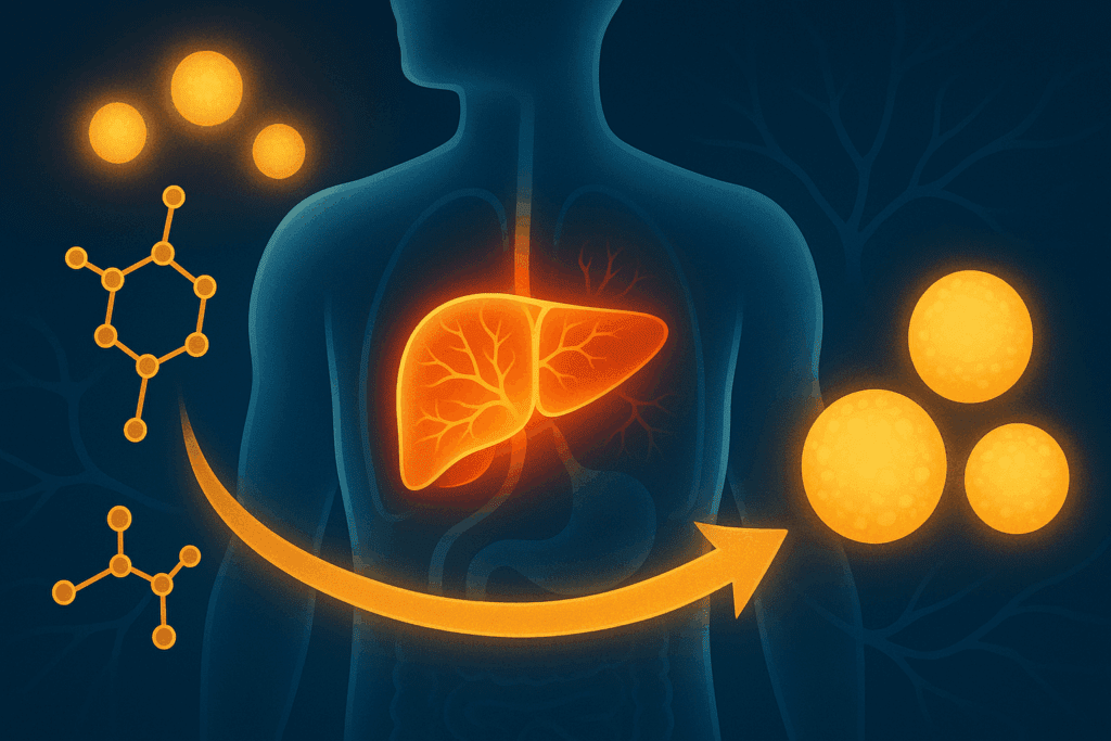 Artistic illustration of human metabolism shifting from glucose burning to fat burning, highlighting ketone production from high fat low carb foods.