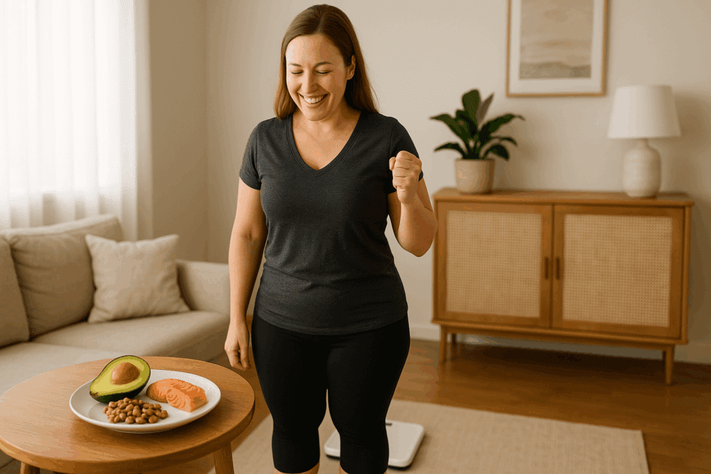 Smiling woman standing on a scale in a cozy living room with a table of high fat low carb foods like avocado, salmon, and nuts nearby.