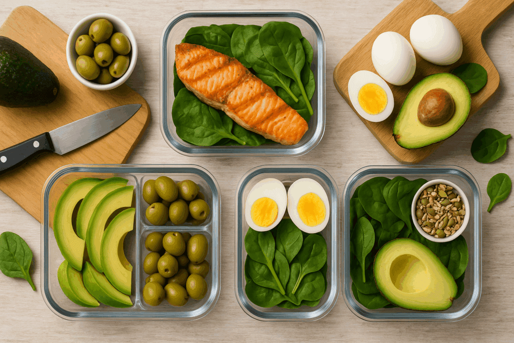 Meal prep containers filled with high fat low carb foods like salmon, avocado, boiled eggs, spinach, seeds, and olives.