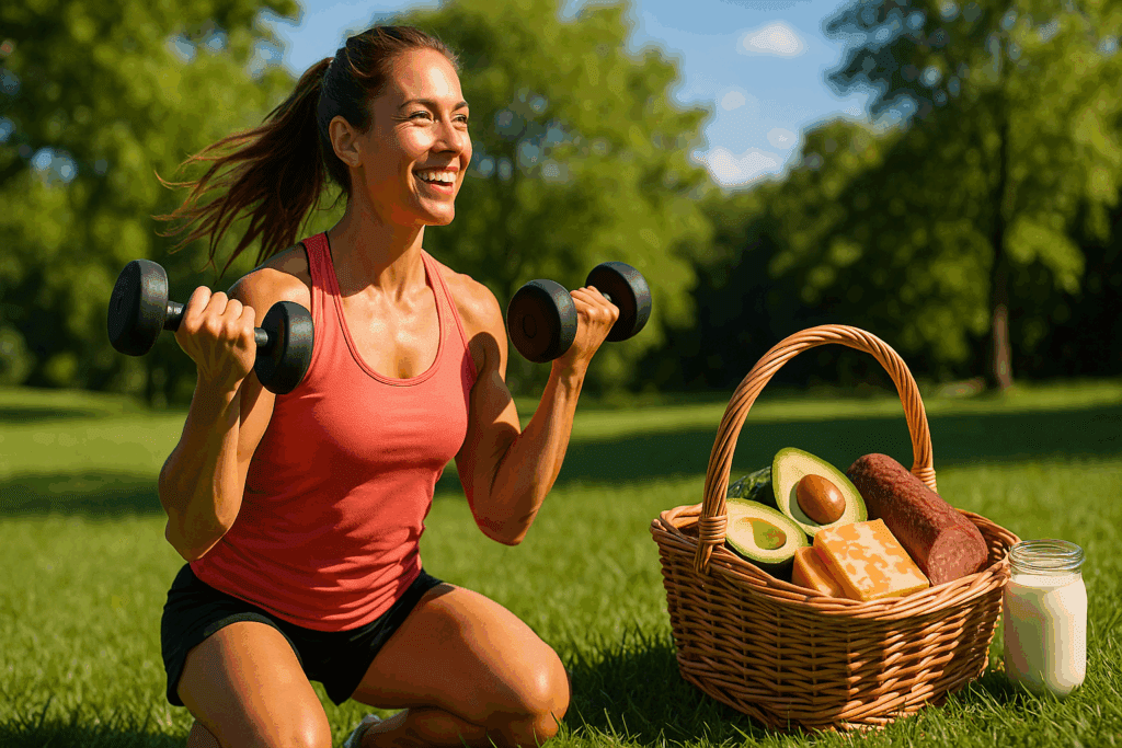 Athletic woman doing outdoor resistance training next to a picnic basket filled with high fat low carb foods like avocado, cheese, and cured meat.