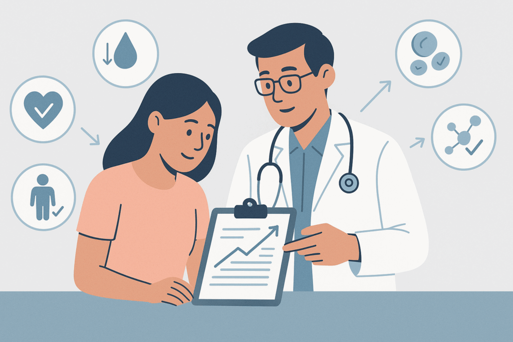 Doctor and patient reviewing a health chart showing positive outcomes from eating high fat low carb foods, with icons for improved blood sugar, cholesterol, weight loss, and metabolic health.