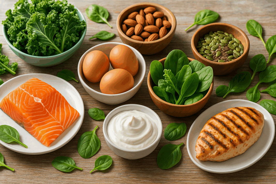 Colorful assortment of high protein low carb diet foods including salmon, eggs, leafy greens, nuts, seeds, Greek yogurt, and grilled chicken on a rustic wooden table.