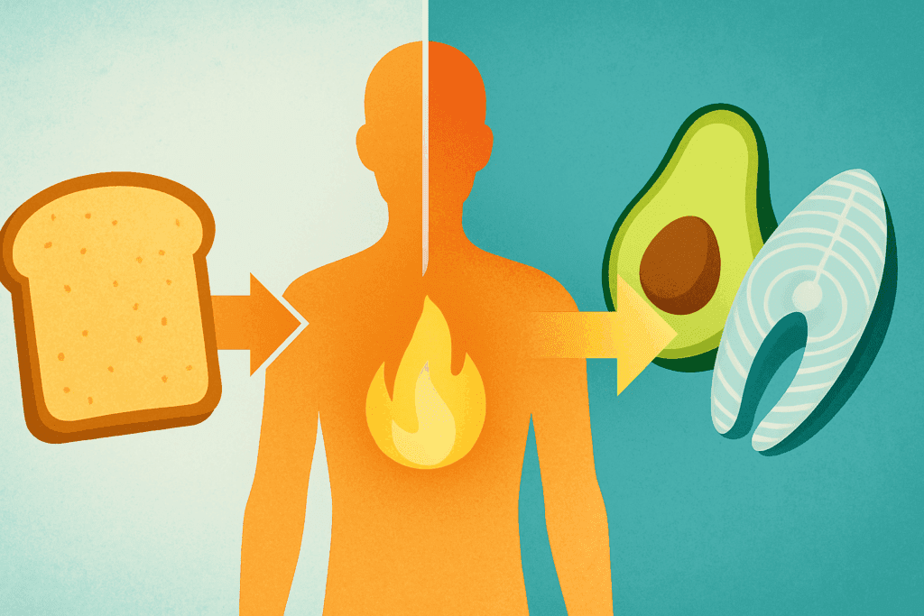 Conceptual illustration showing the body’s metabolic switch from carbohydrates to high protein low carb diet foods like avocado and fish.