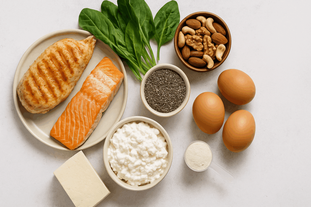Grilled chicken, salmon, eggs, tofu, cottage cheese, leafy greens, nuts, chia seeds, and whey protein powder arranged on a table showcasing high protein low carb diet foods