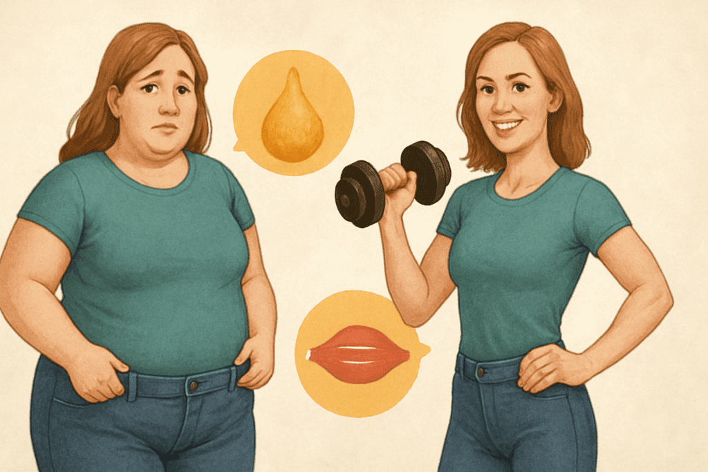 Confident woman lifting a dumbbell and fitting into smaller jeans, symbolizing fat loss and muscle gain from high protein low carb diet foods.