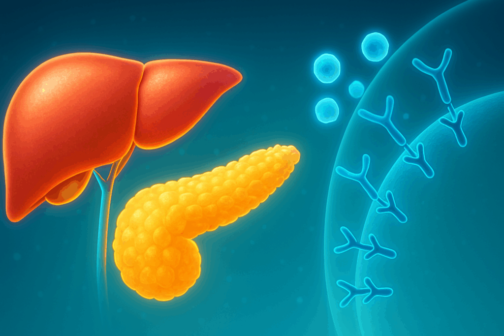 Healthy liver and pancreas glowing with active insulin receptors, symbolizing metabolic health supported by high protein low carb diet foods