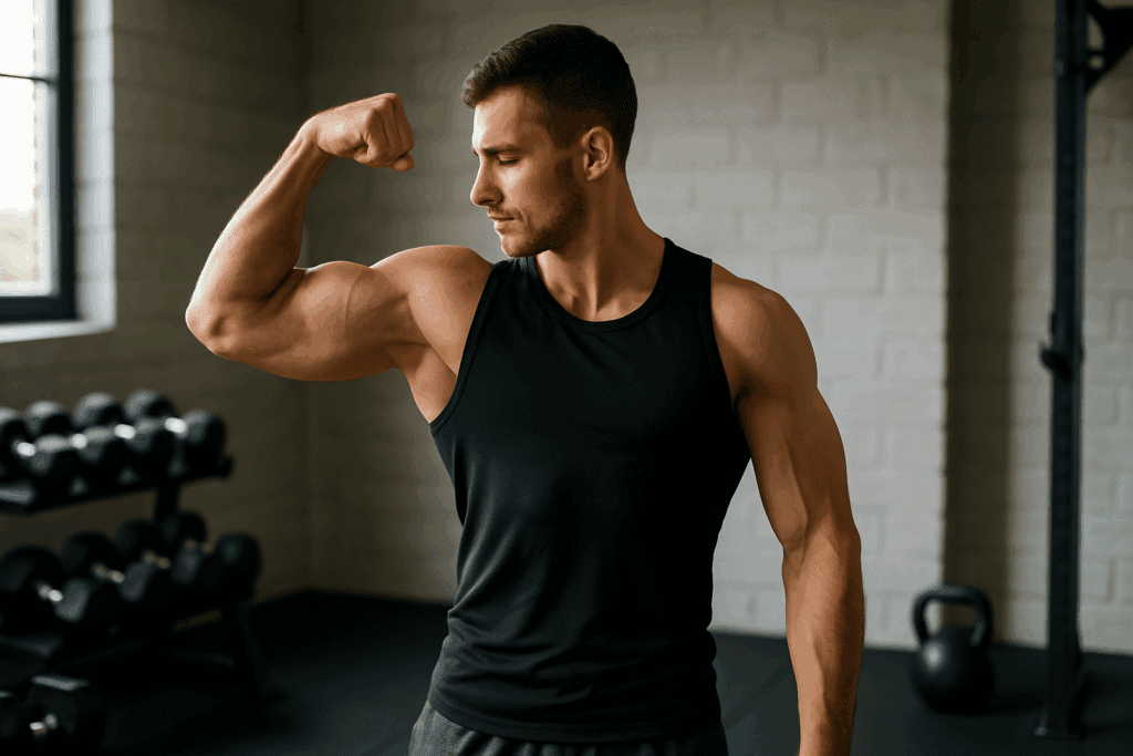 Fit person flexing in a sunlit gym surrounded by kettlebells and dumbbells, symbolizing muscle preservation on high protein low carb diet foods.