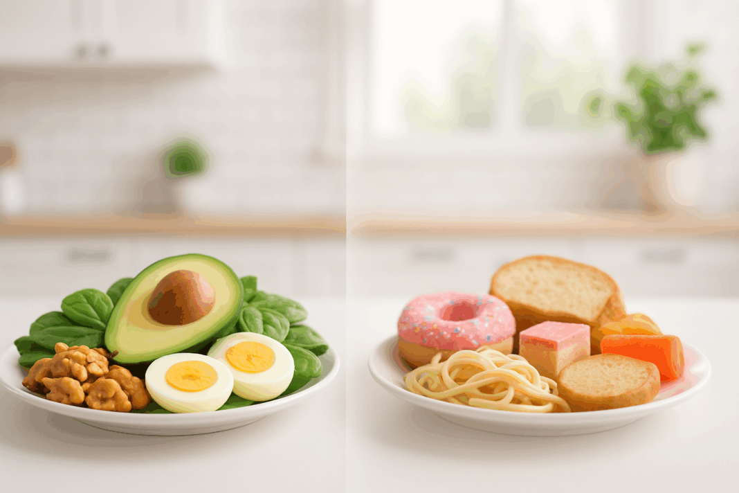 Plate of keto-friendly foods like avocado, eggs, spinach, and nuts beside blurred high-carb foods, illustrating how many carbs on keto diet plans are safe