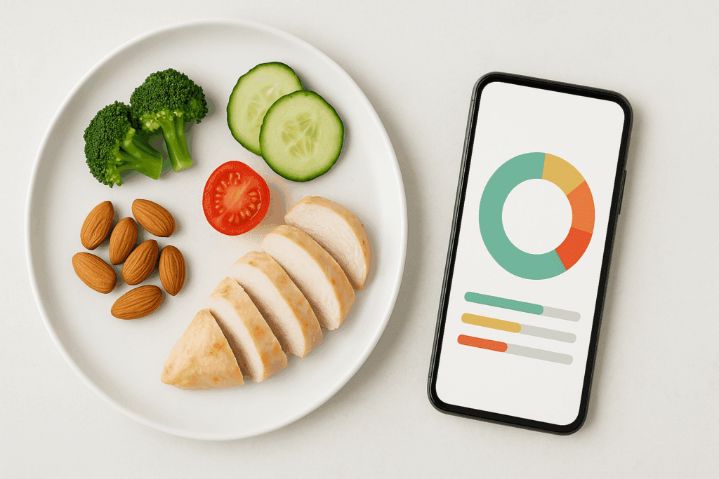 Minimalistic plate of keto-friendly foods next to a nutrition tracker visually showing low carbs, illustrating how many carbs on keto diet plans are safe