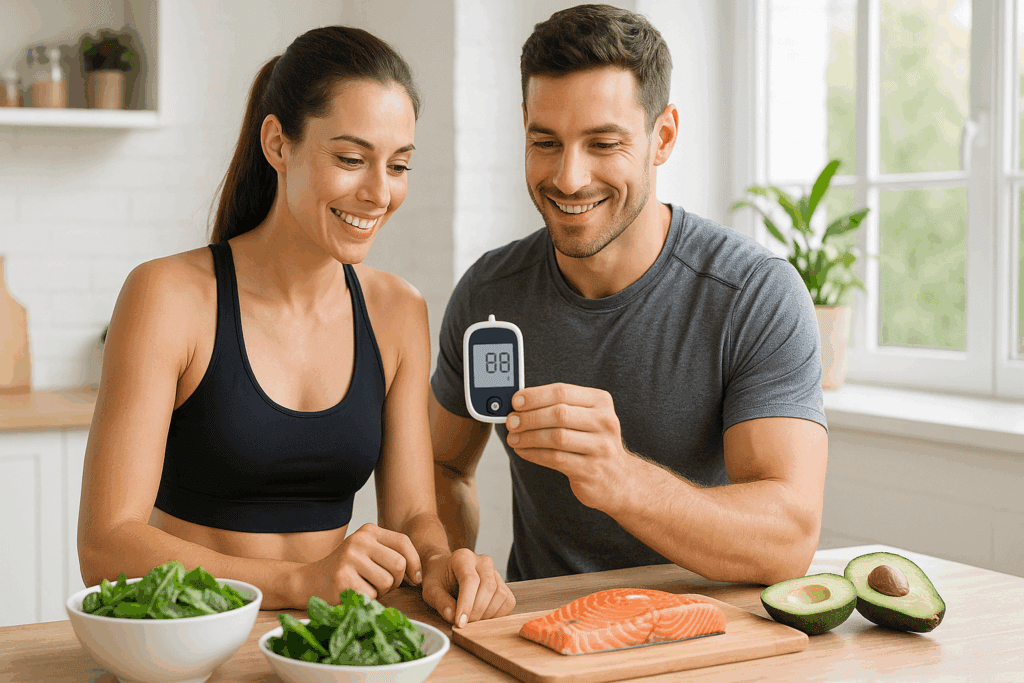 Fit man and woman in activewear checking a ketone meter while preparing a healthy keto meal of salmon, avocado, and greens, illustrating how many carbs on keto diet plans are safe.