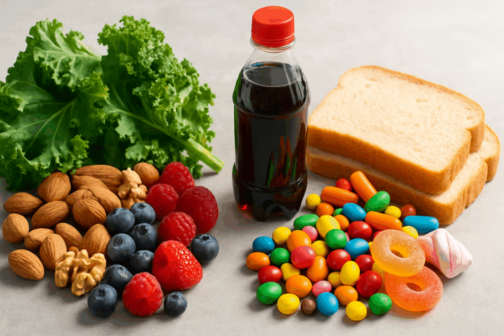 Healthy and unhealthy foods side-by-side showing leafy greens, nuts, and berries versus candy, soda, and white bread, illustrating how many carbs on keto diet plans are safe.
