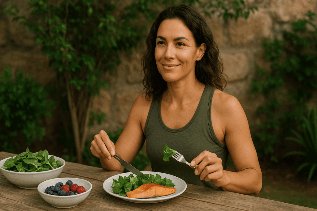 Confident woman in her 30s enjoying a keto meal with salmon, leafy greens, and berries outdoors, illustrating how many carbs on keto diet plans are safe.