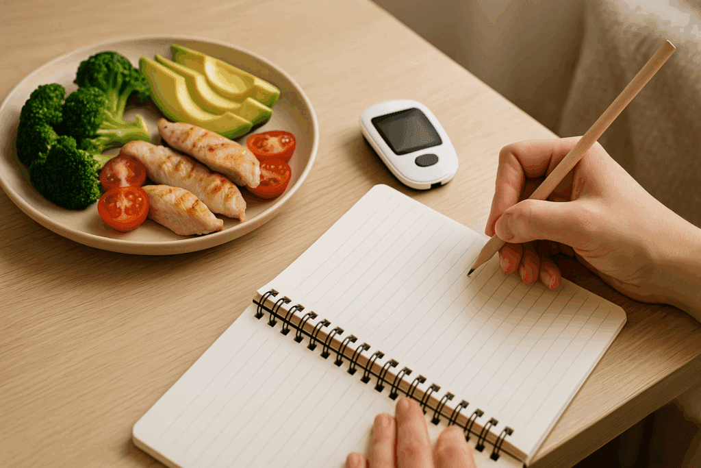 Handwriting in a health journal beside a keto meal and blood ketone monitor, illustrating how many carbs on keto diet plans are safe.