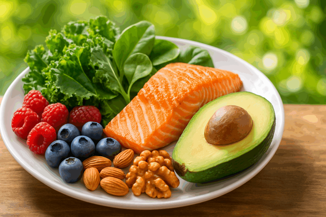 Colorful plate of leafy greens, salmon, avocado, nuts, and berries promoting the best diet for insulin resistance with fresh whole foods.
