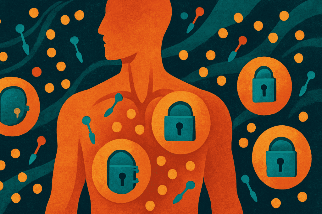 Artistic depiction of human body cells resisting insulin molecules with blocked cellular doors and floating glucose, illustrating the best diet for insulin resistance challenges.