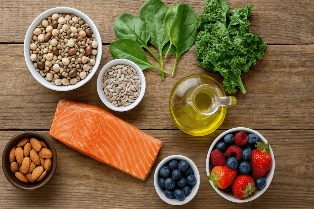 Flat-lay of low-glycemic foods like salmon, leafy greens, legumes, nuts, olive oil, and berries on a rustic table representing the best diet for insulin resistance.