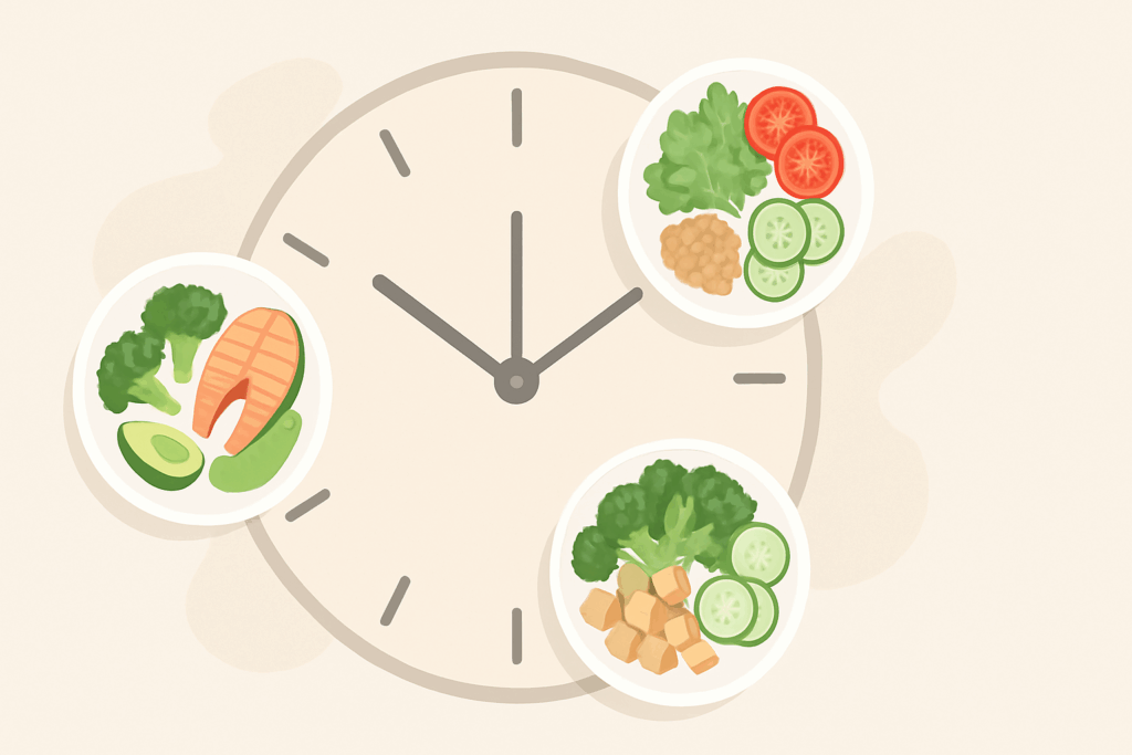 Clock showing healthy meal schedule with plates of nutritious foods like salmon, broccoli, and leafy greens, illustrating the best diet for insulin resistance.