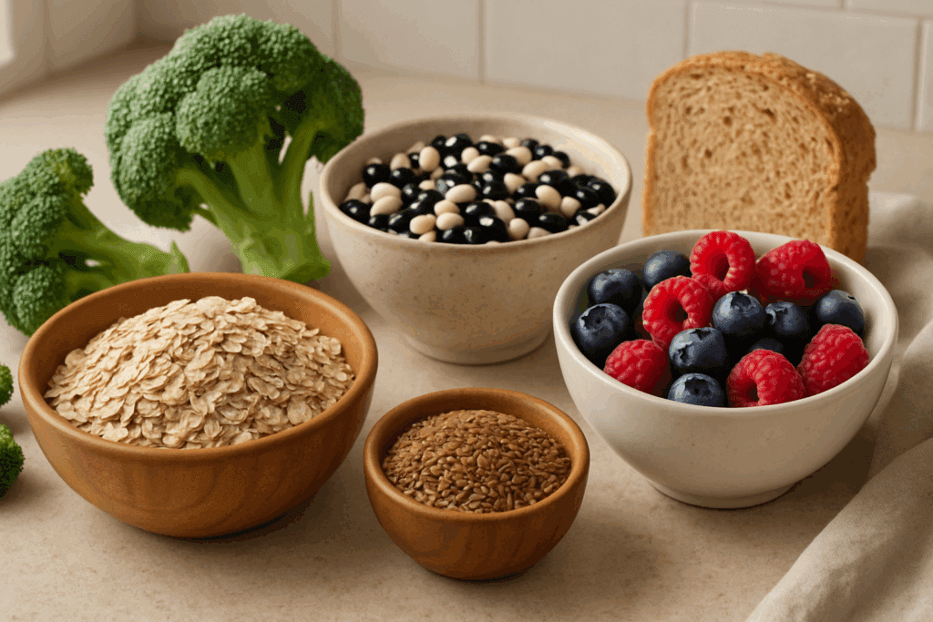 Assortment of oats, berries, broccoli, beans, flaxseeds, and whole grains promoting the best diet for insulin resistance.