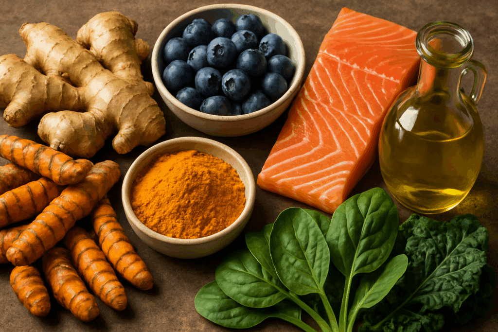 Fresh anti-inflammatory foods including turmeric, ginger, blueberries, salmon, leafy greens, and olive oil promoting the best diet for insulin resistance.