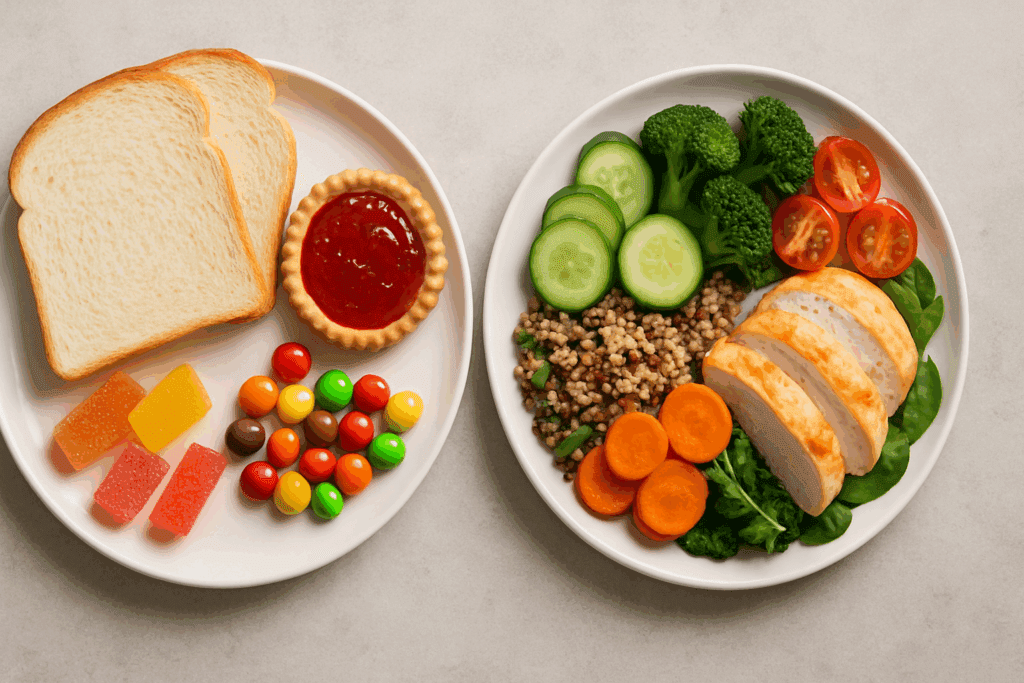 Side-by-side comparison of two meals illustrating the best diet for insulin resistance, showing colorful vegetables, lean proteins, and whole grains next to white bread and candies.