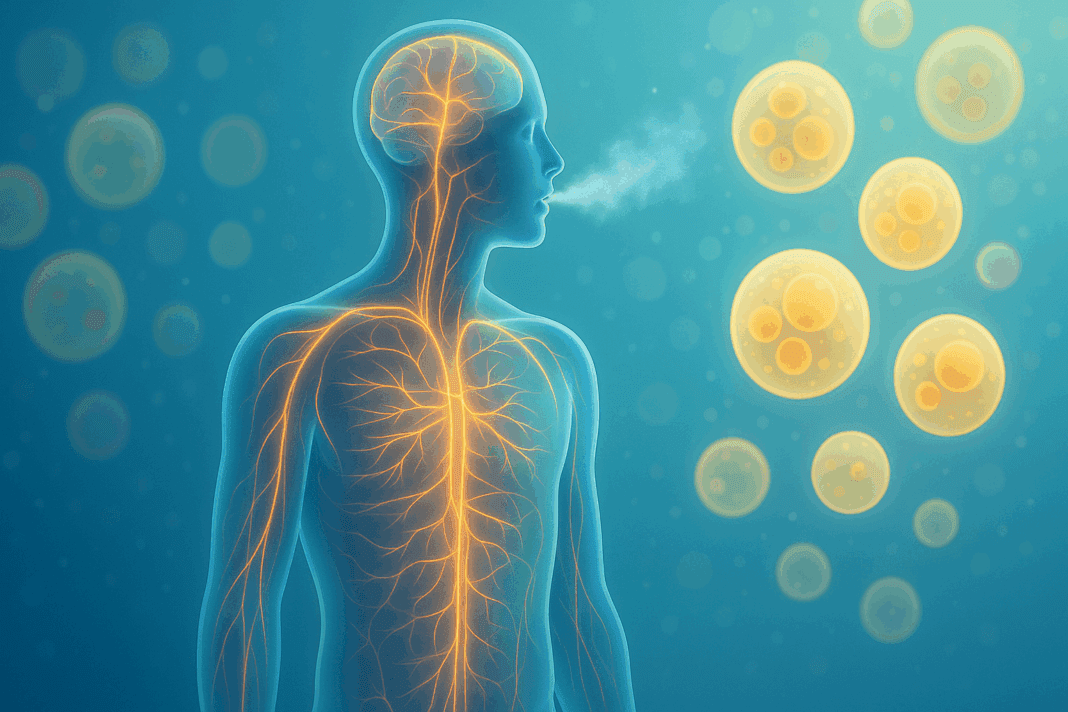 The Science of Weight Loss Explained through a digital illustration of a human body with glowing metabolic pathways, exhaling carbon dioxide mist, and shrinking fat cells in the background.