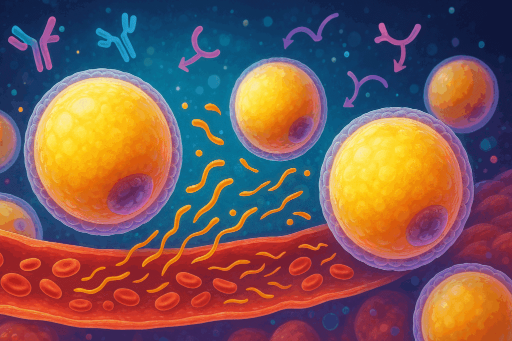 Colorful scientific illustration of fat cells releasing fatty acids into the bloodstream, showing hormones like insulin and glucagon, visualizing The Science of Weight Loss Explained.