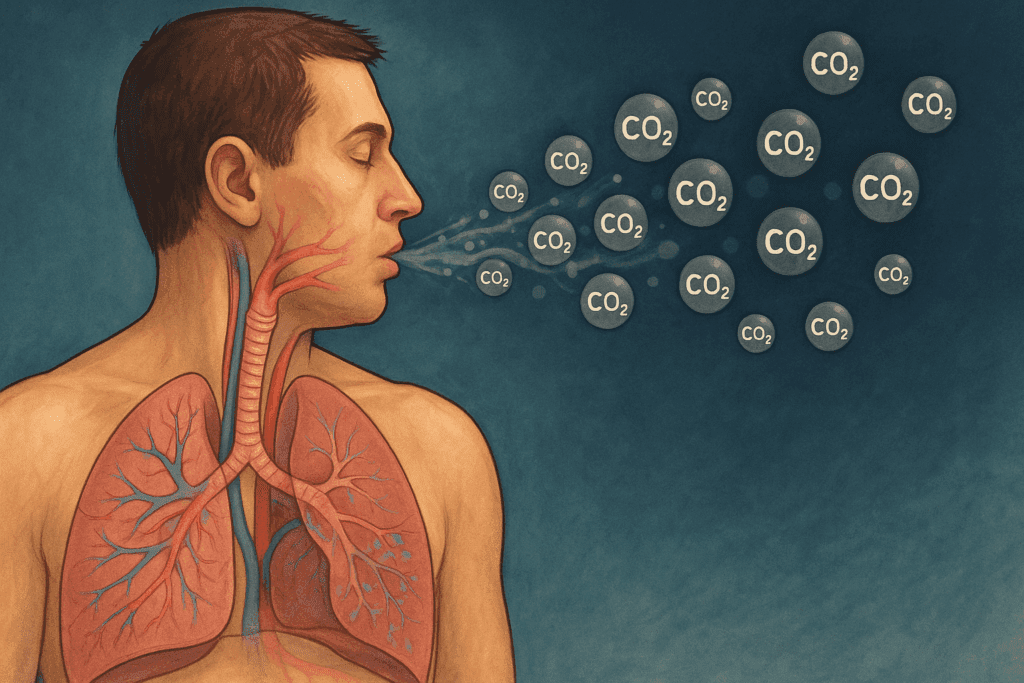 Side profile of a person exhaling carbon dioxide molecules with transparent lungs showing CO₂ flow into the air, illustrating The Science of Weight Loss Explained.
