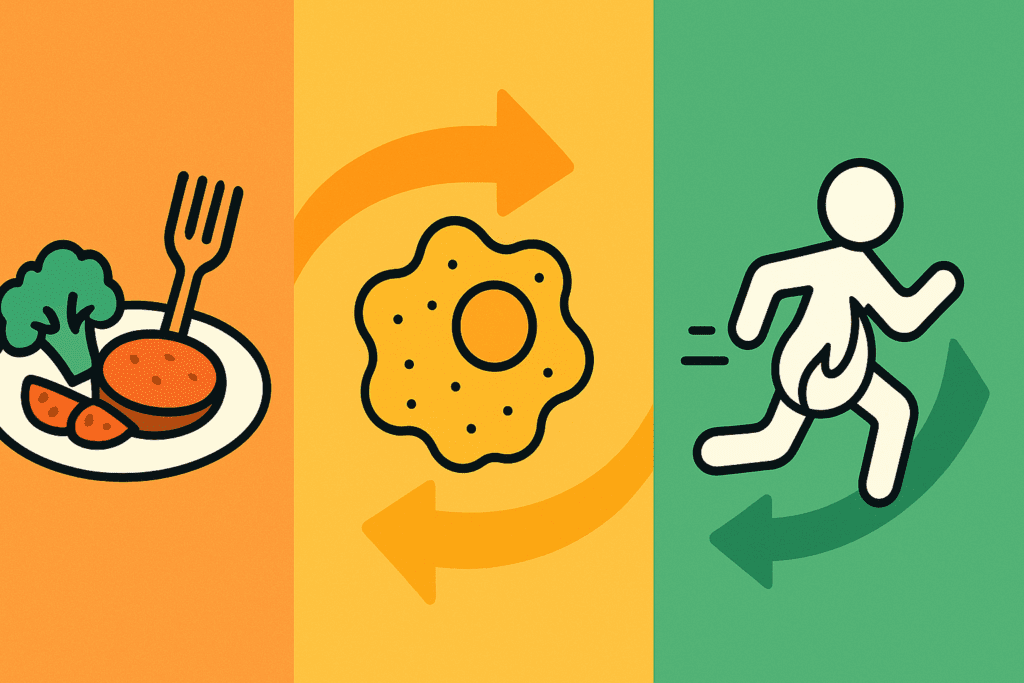 Conceptual timeline illustrating The Science of Weight Loss Explained through eating food, fat storage, and delayed fat burning phases.