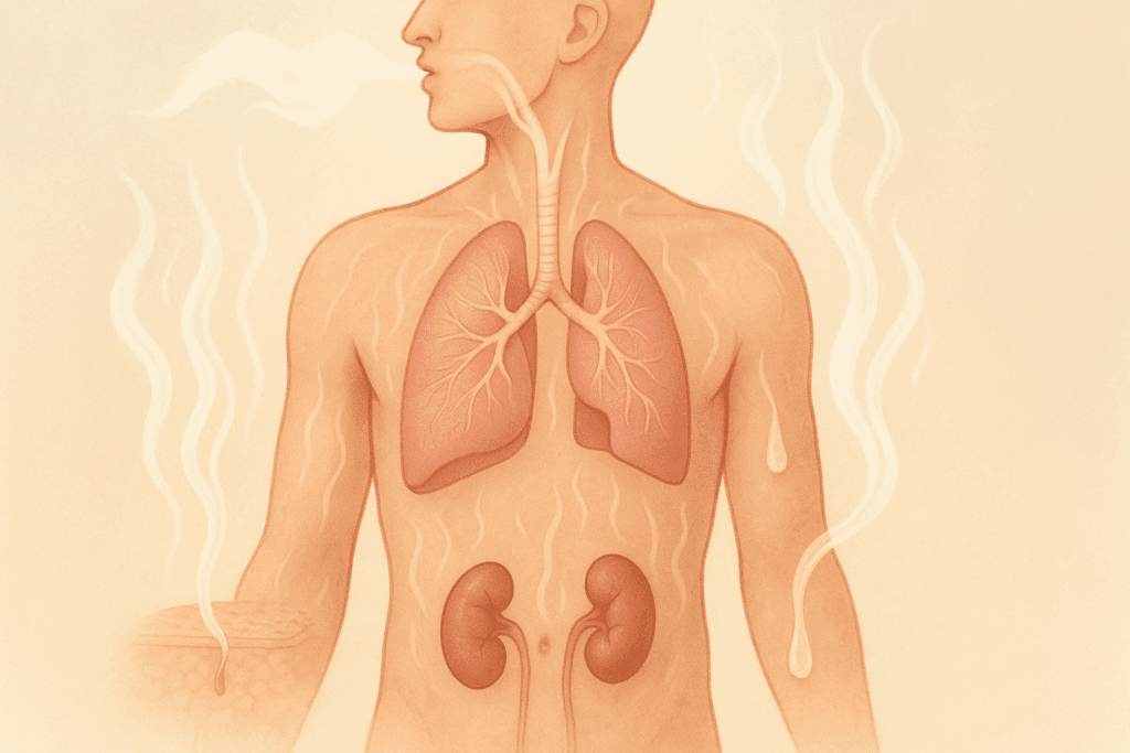 The Science of Weight Loss Explained through a biological illustration showing fat elimination via lungs, kidneys, sweat glands, and skin pores.