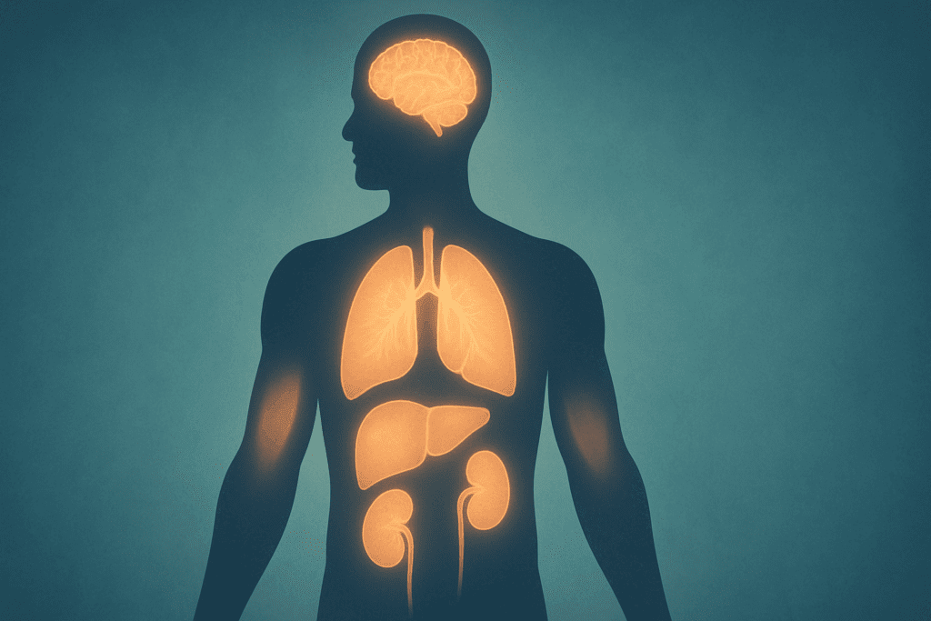 Full-body silhouette with glowing brain, lungs, liver, pancreas, kidneys, and muscles illustrating The Science of Weight Loss Explained.