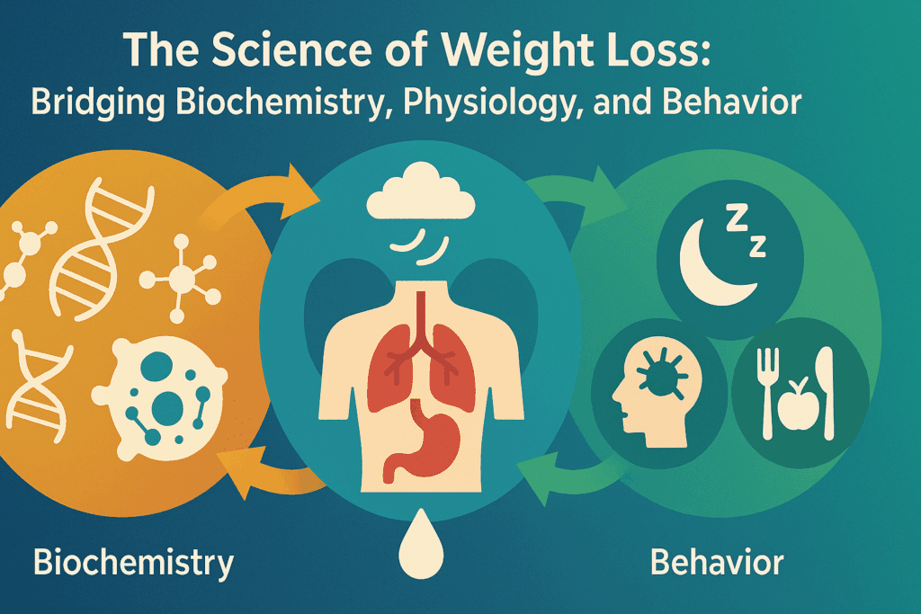 Infographic illustrating The Science of Weight Loss Explained with visual representations of biochemistry, physiology, and behavior interconnected by colorful arrows.