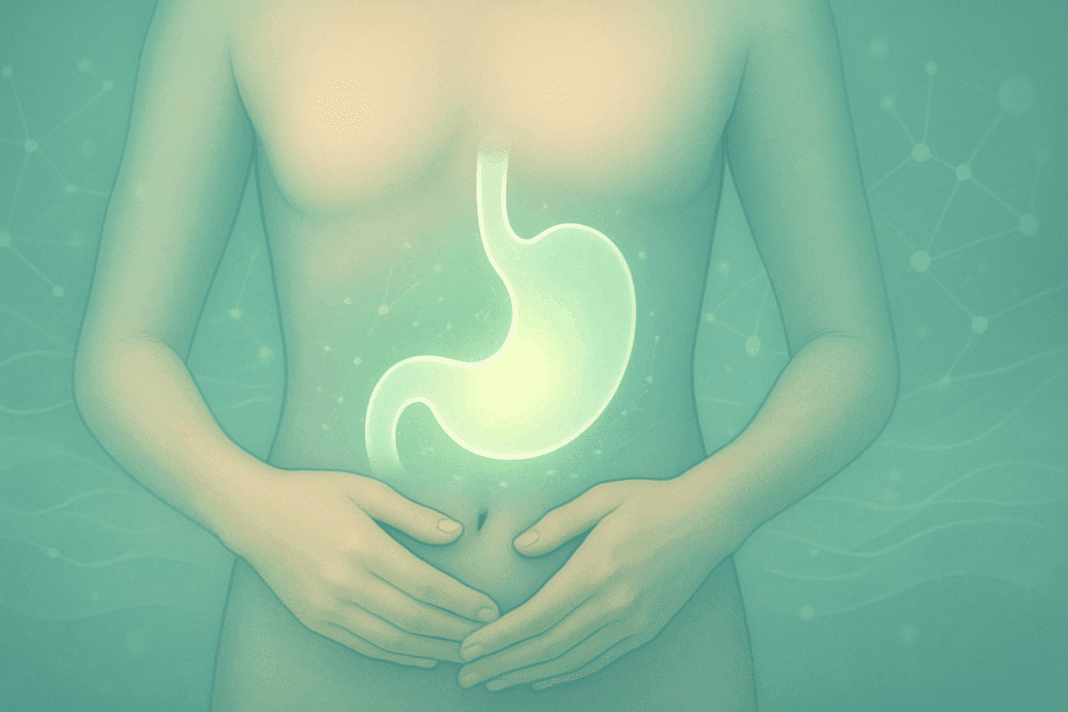 Human torso with glowing stomach symbolizing digestion and health, illustrating how to shrink your stomach naturally.
