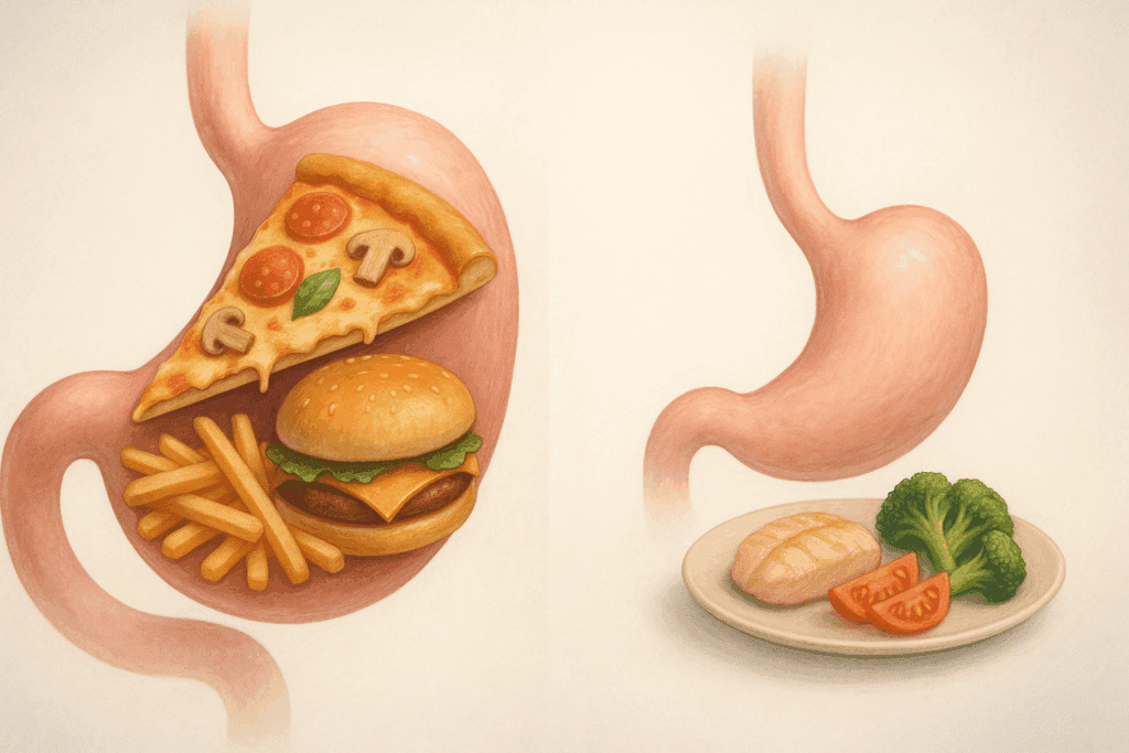 Side-by-side illustration showing a stretched stomach after a large meal and a relaxed stomach after a healthy meal, demonstrating how to shrink your stomach naturally.