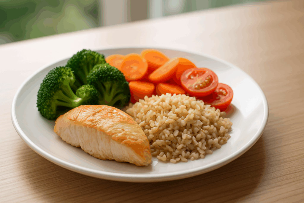 Healthy portion-controlled meal with colorful vegetables, brown rice, and grilled chicken on a small plate to shrink your stomach naturally.