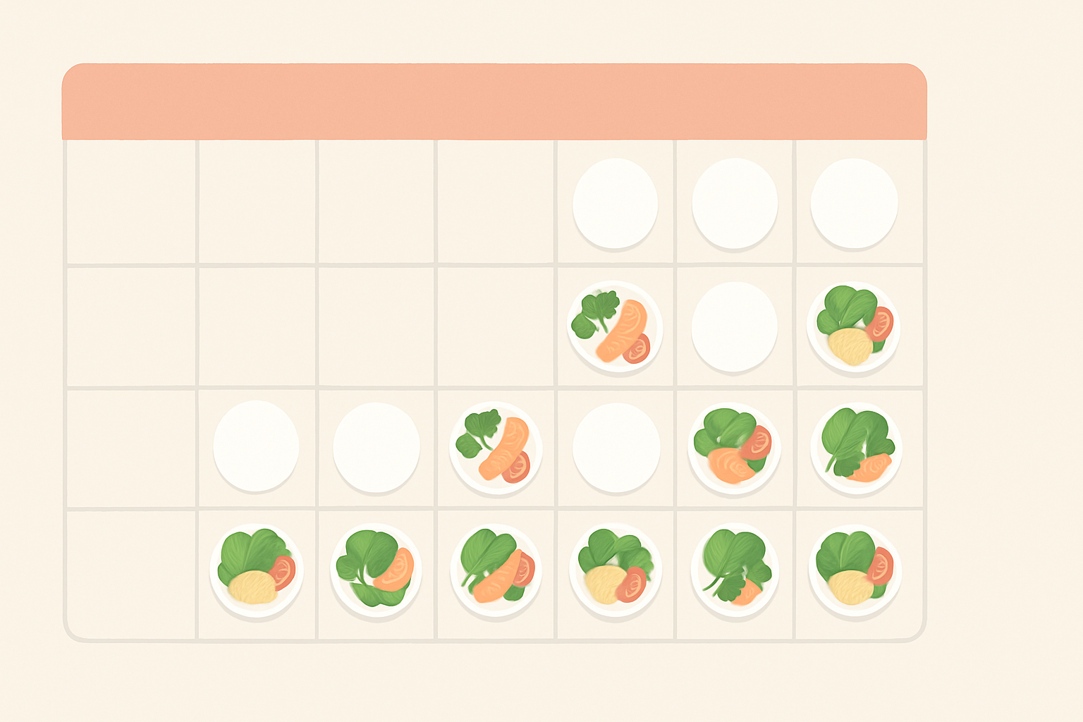 Calendar showing healthy meals on small plates over several weeks to illustrate how to shrink your stomach naturally through gradual diet changes.