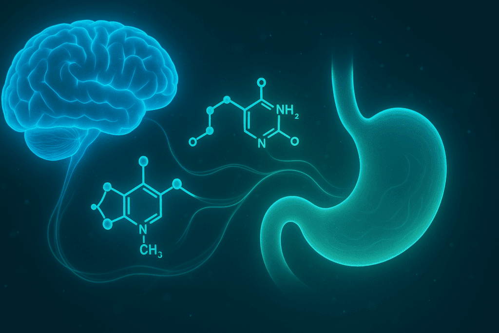 Futuristic science visual showing hormone molecules connecting the brain and stomach, illustrating how to shrink your stomach naturally.