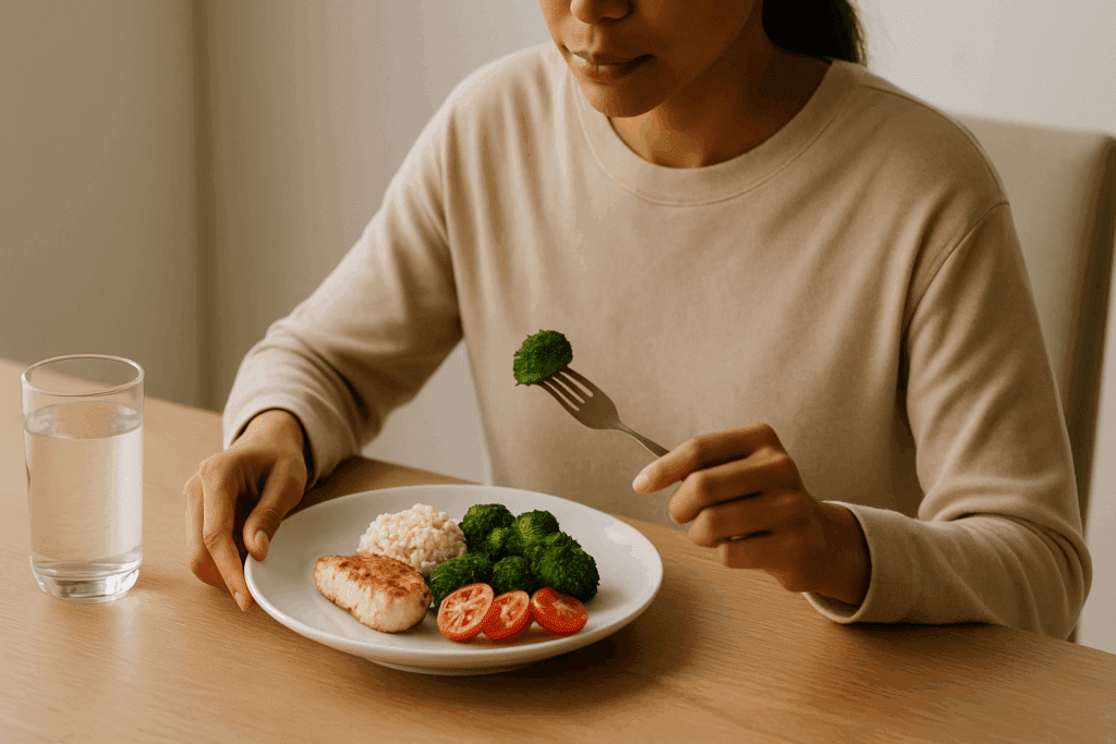 Person mindfully eating a small, balanced meal in a peaceful setting to shrink your stomach naturally.