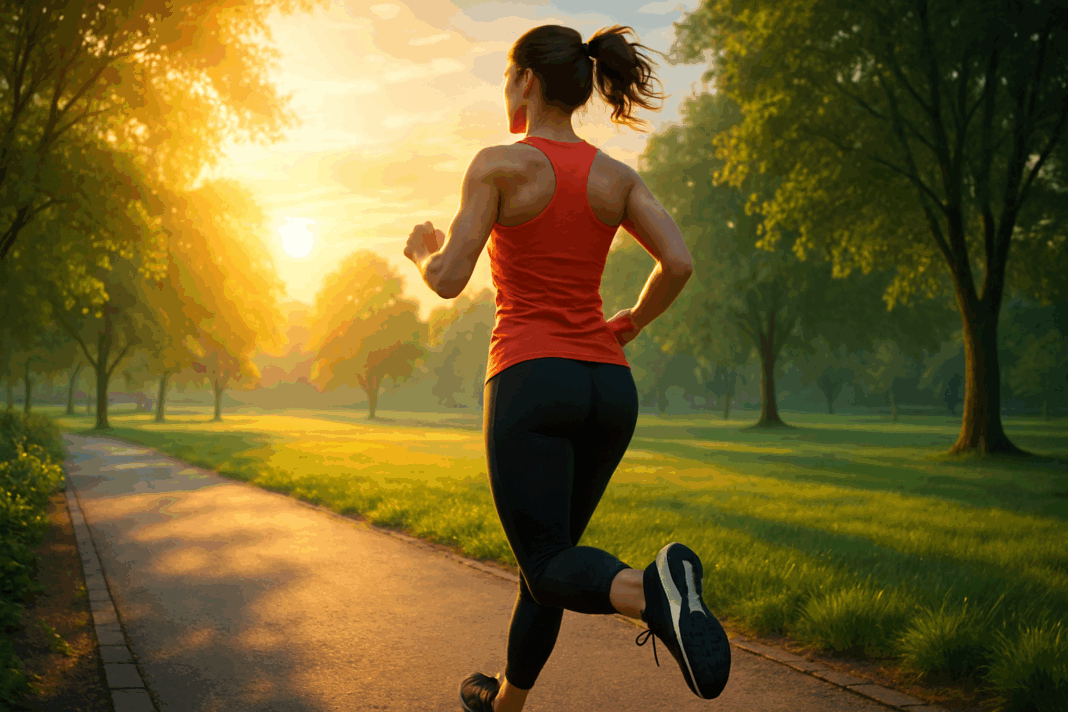 Fit woman jogging at sunrise in a vibrant park, symbolizing a healthy lifestyle and new beginnings, illustrating How Much Weight Can You Lose in 2 Weeks.