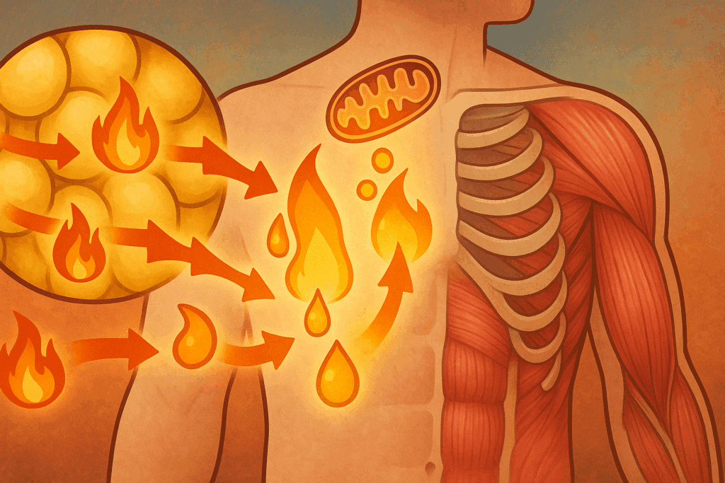 Cross-sectional illustration of the human body showing fat burning and muscle preservation at the cellular level during rapid weight loss, related to How Much Weight Can You Lose in 2 Weeks.
