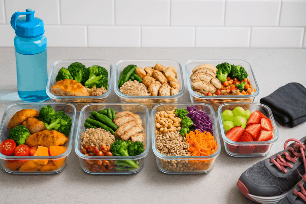 Meal prep containers filled with lean protein, vegetables, whole grains, and fruits on a kitchen counter with workout gear, illustrating How Much Weight Can You Lose in 2 Weeks.