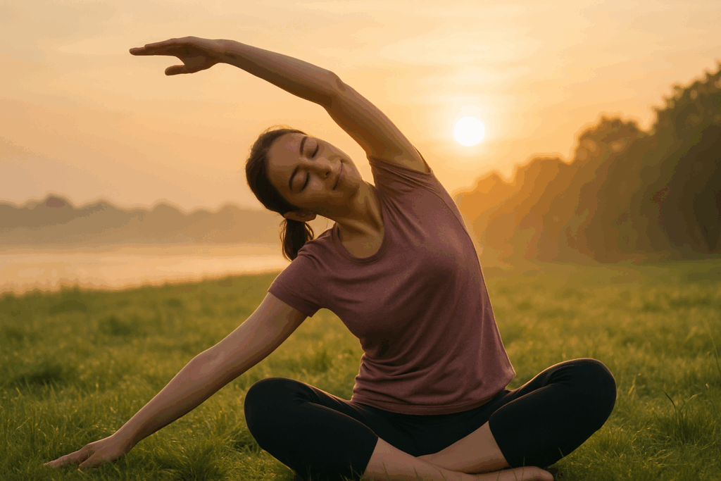Person stretching peacefully in a grassy park at sunrise, symbolizing mindful exercise for How Much Weight Can You Lose in 2 Weeks.