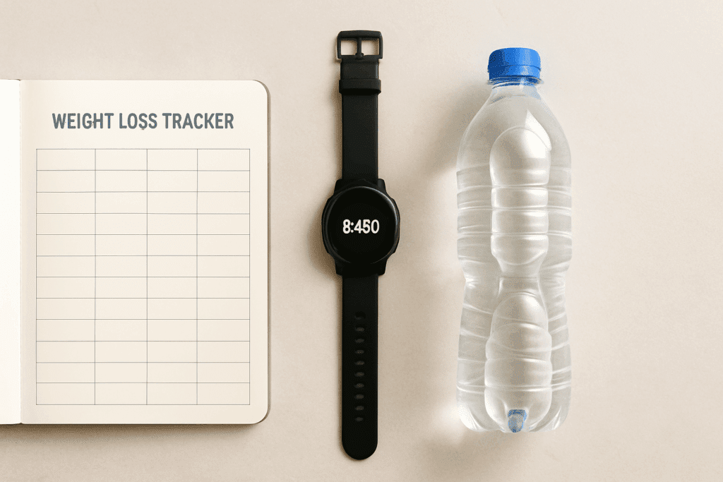 Flat lay of a weight loss tracking journal, smartwatch showing steps, and water bottle on a table, symbolizing How Much Weight Can You Lose in 2 Weeks habits.