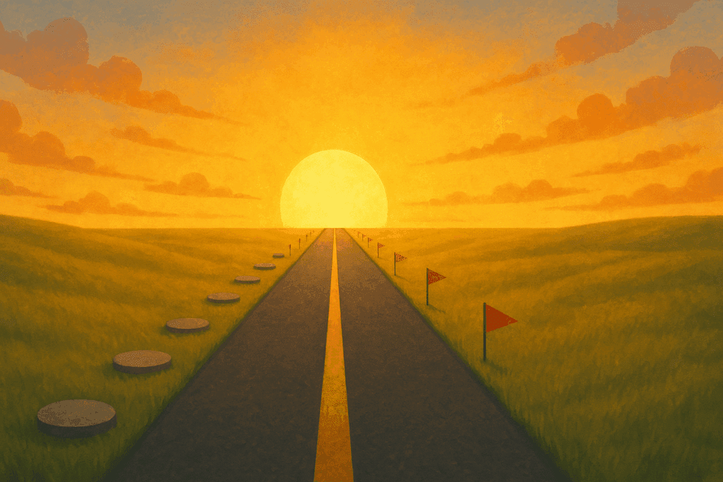 Symbolic road stretching into a sunrise with milestone markers, representing a journey of habit building and long-term success for How Much Weight Can You Lose in 2 Weeks