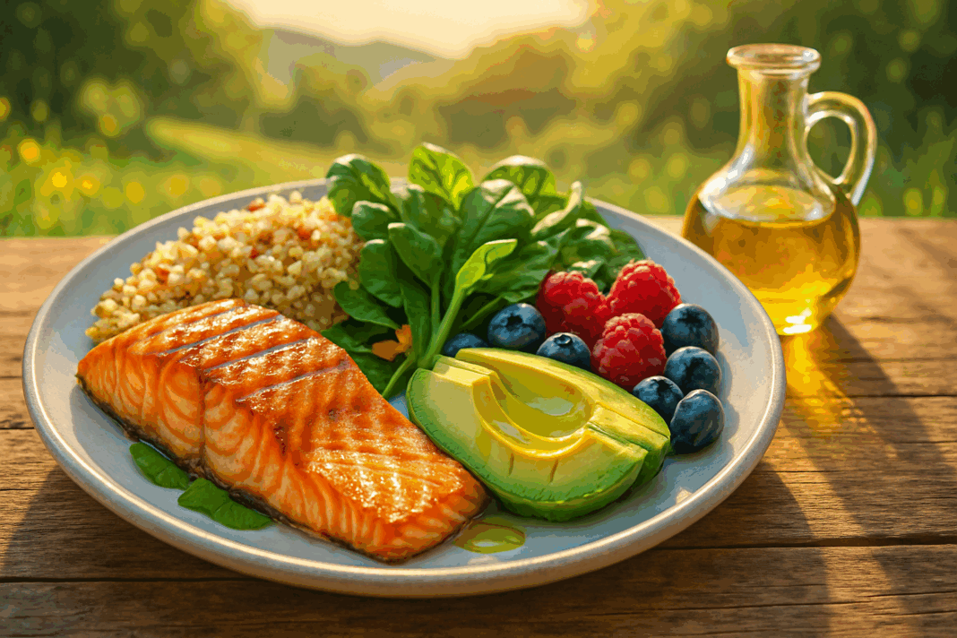 Grilled salmon, quinoa, leafy greens, avocado, and berries on a rustic wooden table under sunny skies, showcasing What to Eat for Weight Loss.