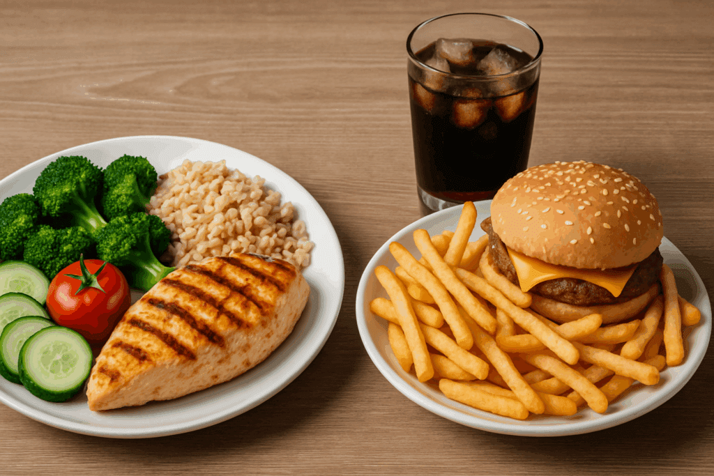 Grilled chicken, brown rice, and fresh vegetables next to fast food items like fries, burger, and soda, illustrating What to Eat for Weight Loss.