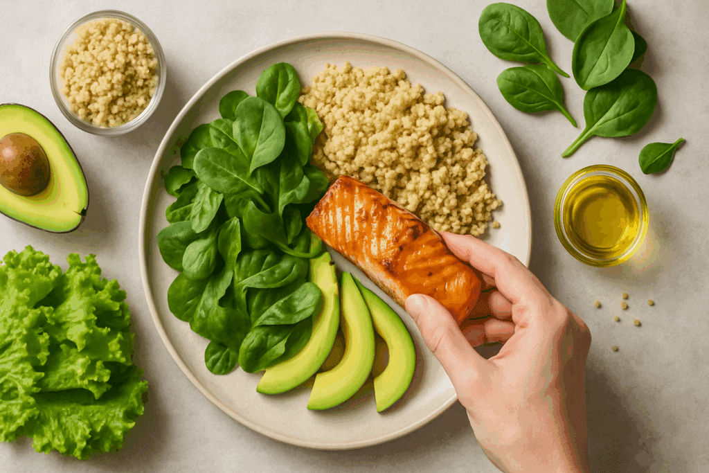 Hand assembling a balanced meal of leafy greens, quinoa, grilled salmon, and avocado slices, illustrating What to Eat for Weight Loss.