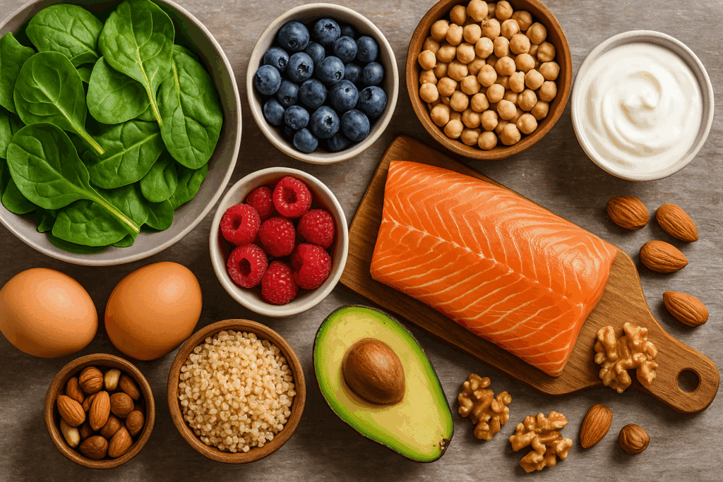 Fresh flat-lay of leafy greens, berries, salmon, eggs, avocado, and nuts showing What to Eat for Weight Loss naturally.