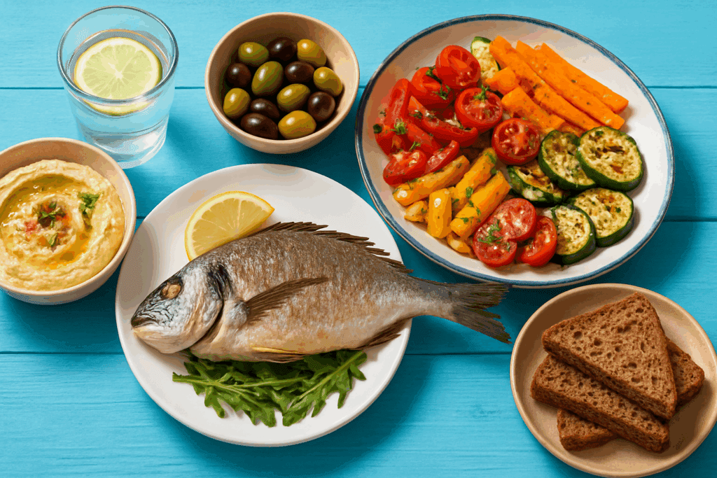 Mediterranean meal spread with grilled fish, roasted vegetables, hummus, olives, and whole grain bread showing what to eat for weight loss.